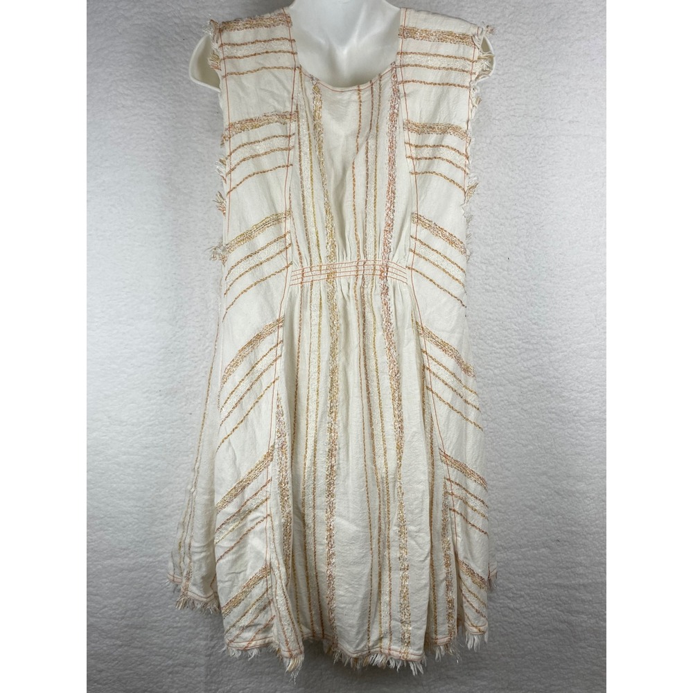 Free People Women's M Striped Boho Mini Dress Cream Gold‎ Orange Fringe V-Neck